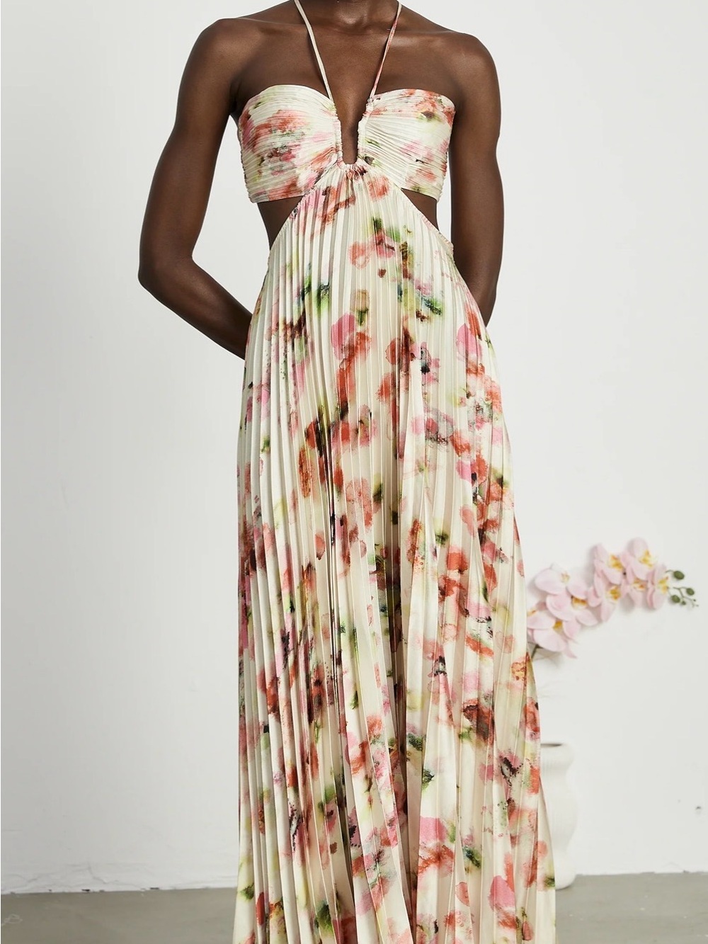 NWT Miss Rosier Pleated Floral Cutout Maxi Dress size S